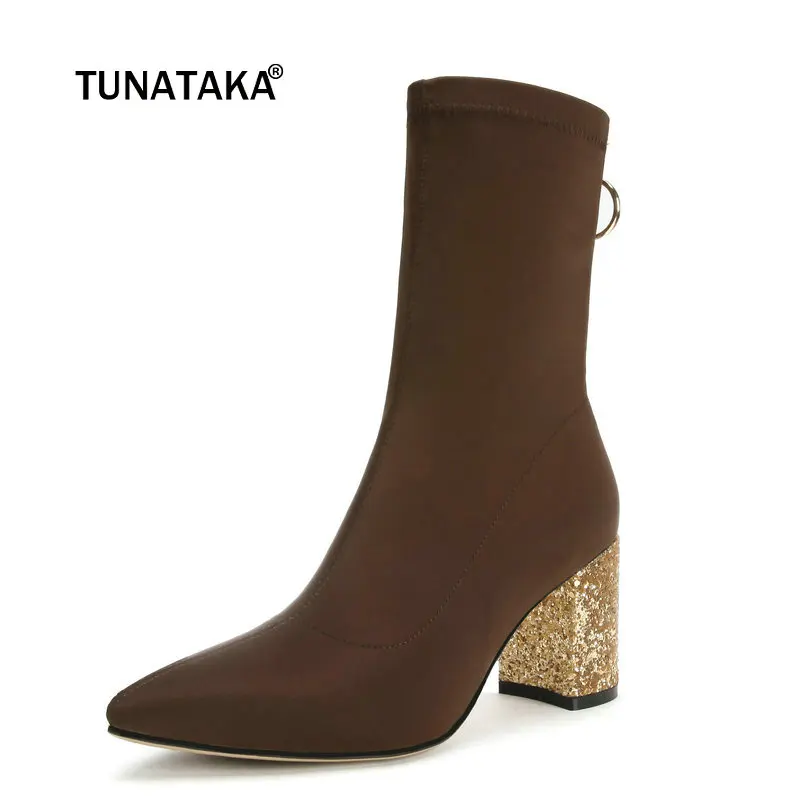 

Women Stretch Cloth Bling Square Heel Ankle Boots Fashion Zipper Pointed Toe Fall Winter Bootis Brown Black