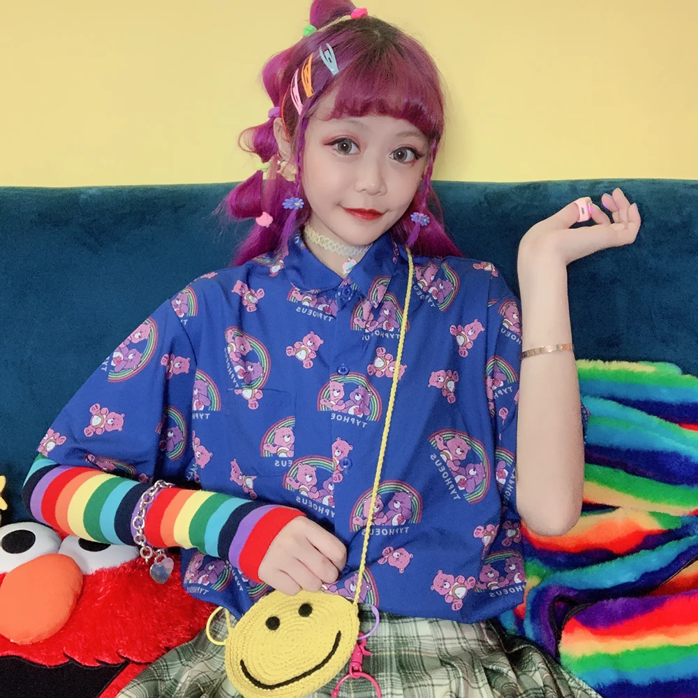 Японский Harajuku девушка сердце мультфильм Радуга милые Детеныши шифон Junior летние рубашки для женщин