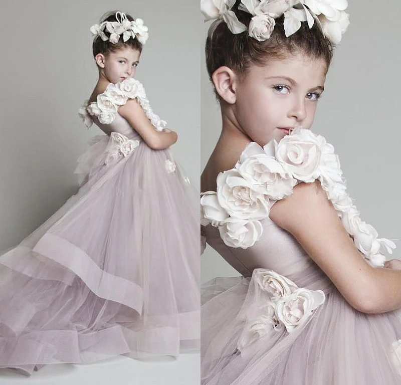

Vestido Daminha Casamento 2015 Free Shipping Ball Gown Prom Dress Children Light Purple Flower Girl Dresses with the Trains