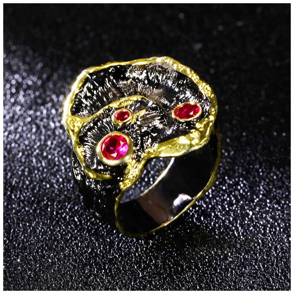 DreamCarnival 1989 Designer Lotus Black Gold Color Fuchsia Red CZ Crystals Engagement Jewelry Anillos Vintage Flower Ring R01
