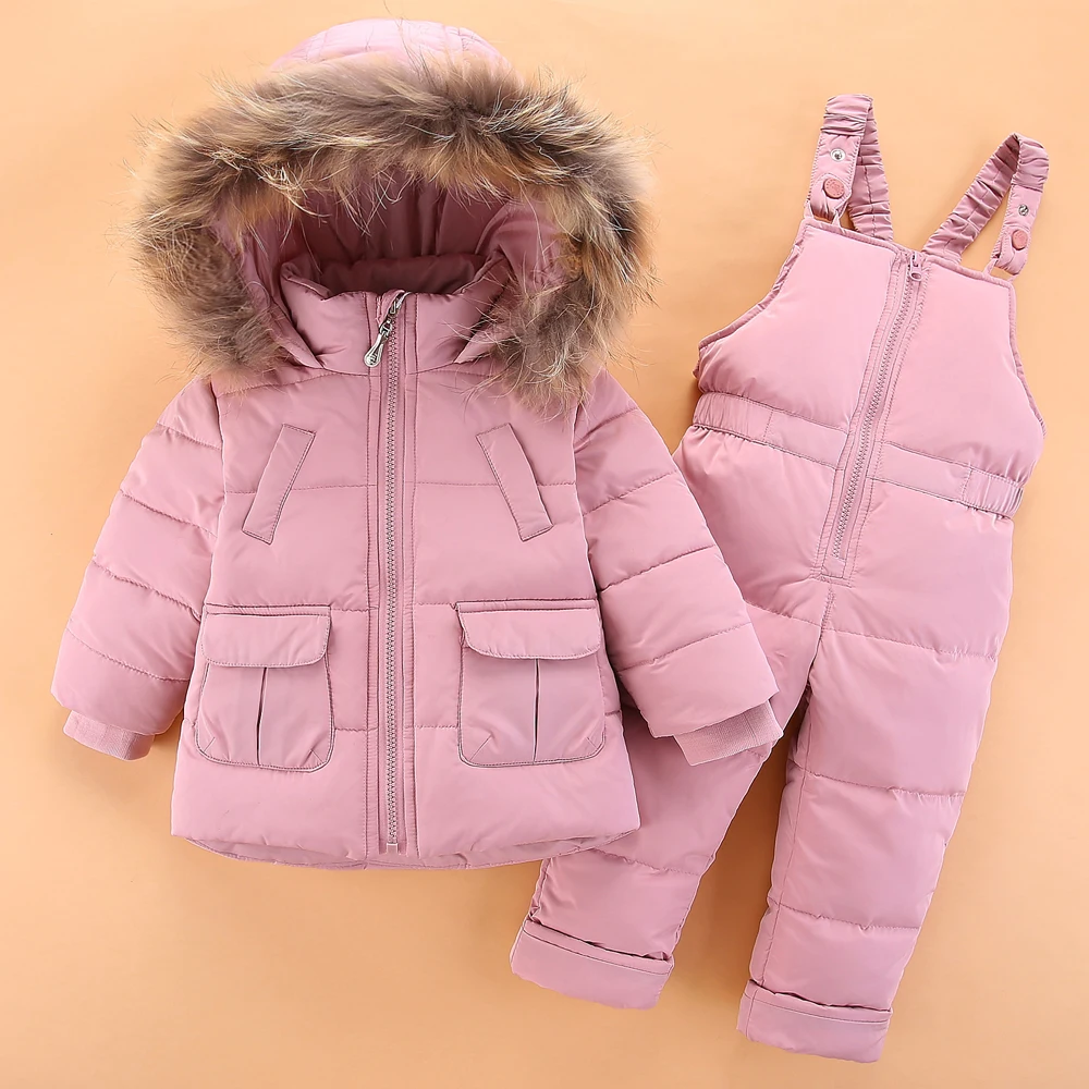 

2019 winter BABY Big Fur Collar Casual Clothing Sets Kids Warm Windproof Clothing Set Boys Girls Hooded Color Clothing Sets