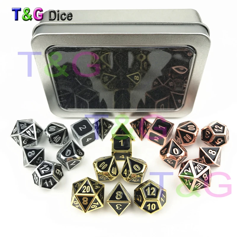 

Top Quality Set of 7 Deluxe Metal Golden Polyhedral Game Dice Shinny RPG 7pcs Set of D4 D6 D8 D10 D12 D20 D%