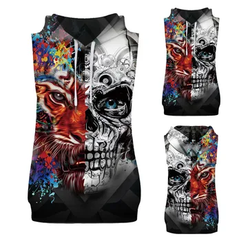 

blouse Men's Fashion 3D Print Skull Hoodie Sleeveless Singlet Top Vest Tank