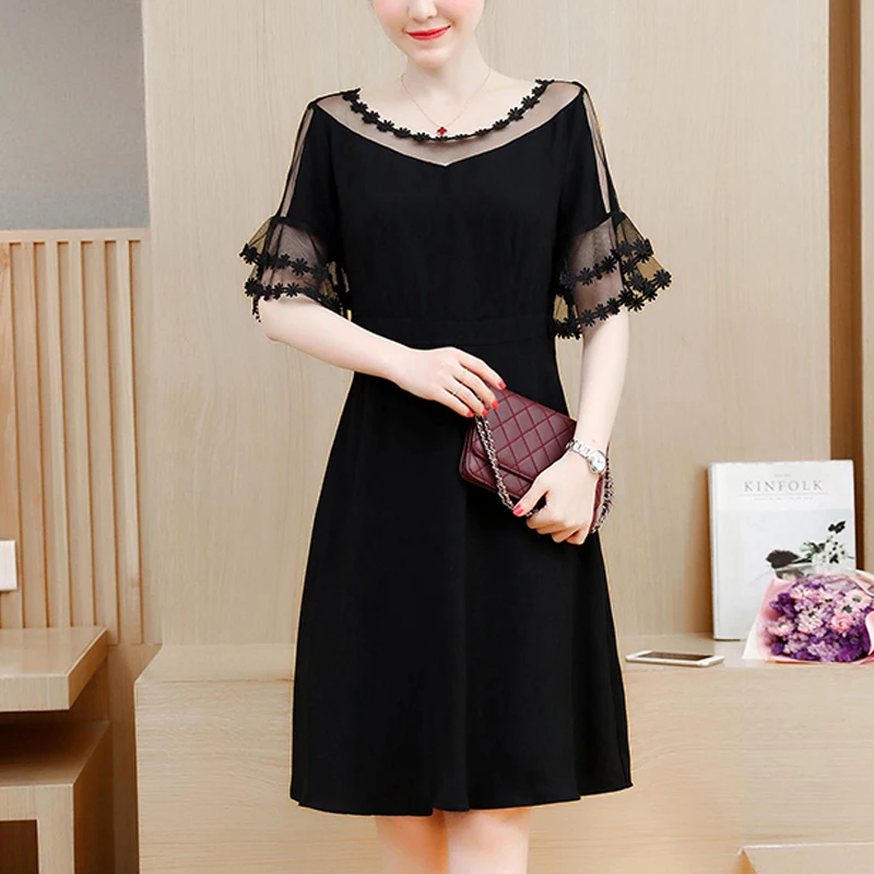 

2019 new summer plus size women's Short sleeve V-neck commuter black dress in the long section of the net was thin bottoming