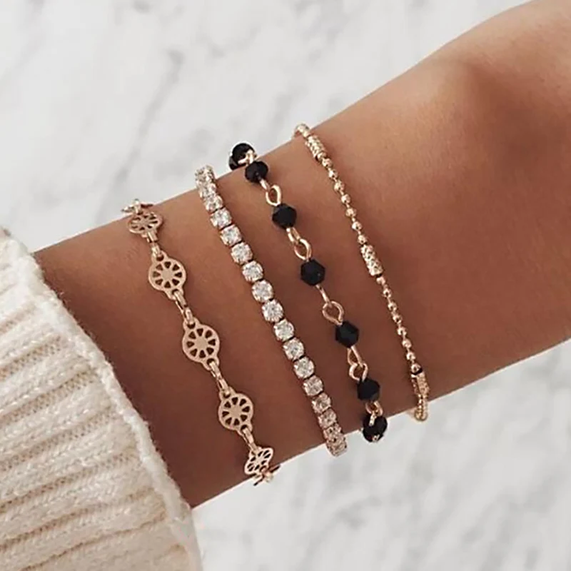 

Miss JQ Bohemia Alloy Crystal Multi-layers Black Beaded Bracelets for Women Jewelry Foot Gold Chain Anklets Accessories Gift