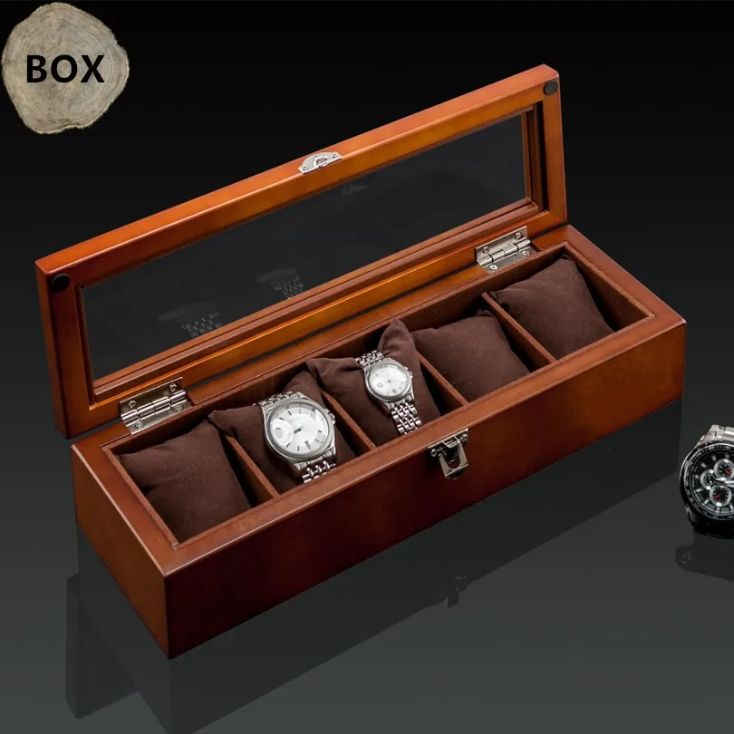 Top 5 Slots Wood Watch Display Boxes Case Black Wood Mechanical Watch