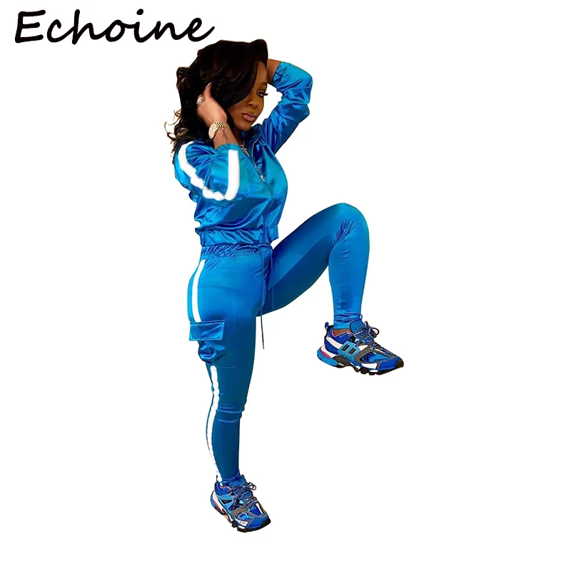 

Echoine Fluorescence Two Piece Short Set For Women Striped Zipper Tracksuit Pant And Top Sportwear 2019 Summer Clothes For Women