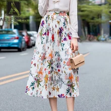 AELESEEN лето осень новые модные юбки до середины икры милый цветочный принт элегантный классический плиссированный Подиум дизайн миди юбка