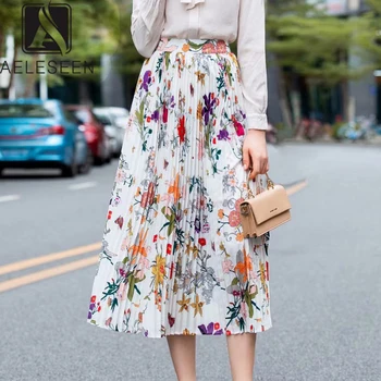 

AELESEEN 2019 Summer Autumn New Fashion Mid-Calf Skirts Sweet Floral Print Elegant Classical Pleated Runway Design Midi Skirt
