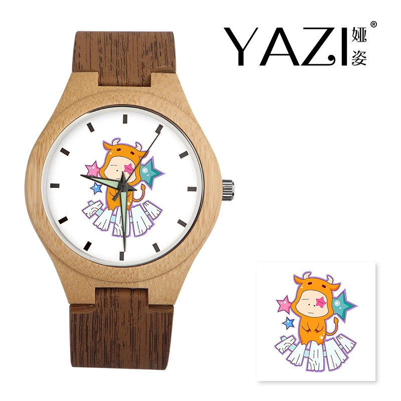 

YAZI Personalize Wooden Watch Taurus Logo Watches Natural Bamboo Wood Case Wrist Watches Wood Stripe Band Memory Gift