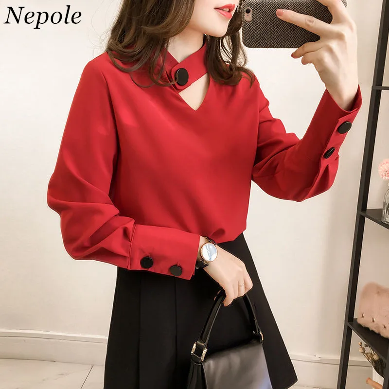 

Nepole Solid Button Halter Neck Elegant Women Shirt Casual Loose Grace Chiffon Blouse 2019 Summer Fashion Plus Size Top 80110
