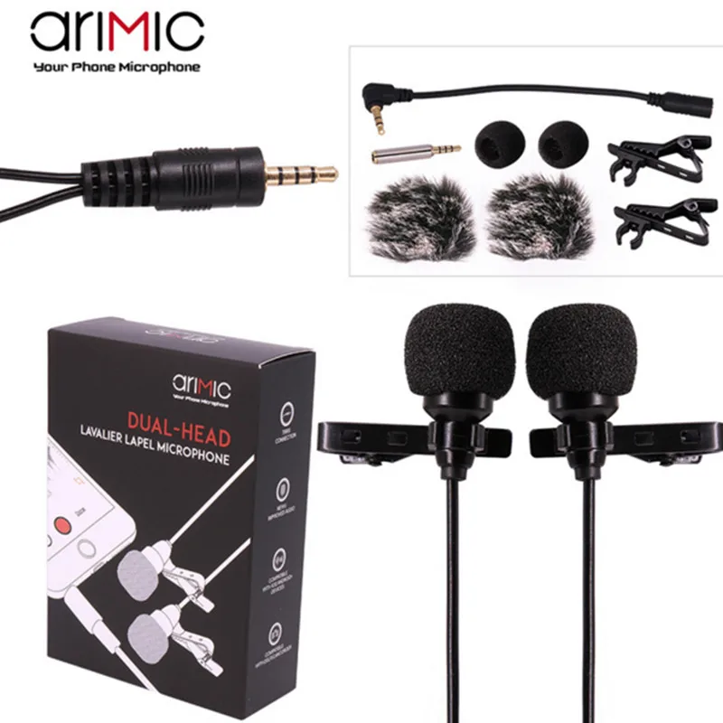 

AriMic Dual-Head Clip on Lapel Microphone Lavalier Omnidirectional Condenser Recording Mic for Phone DSLR Camera Phone