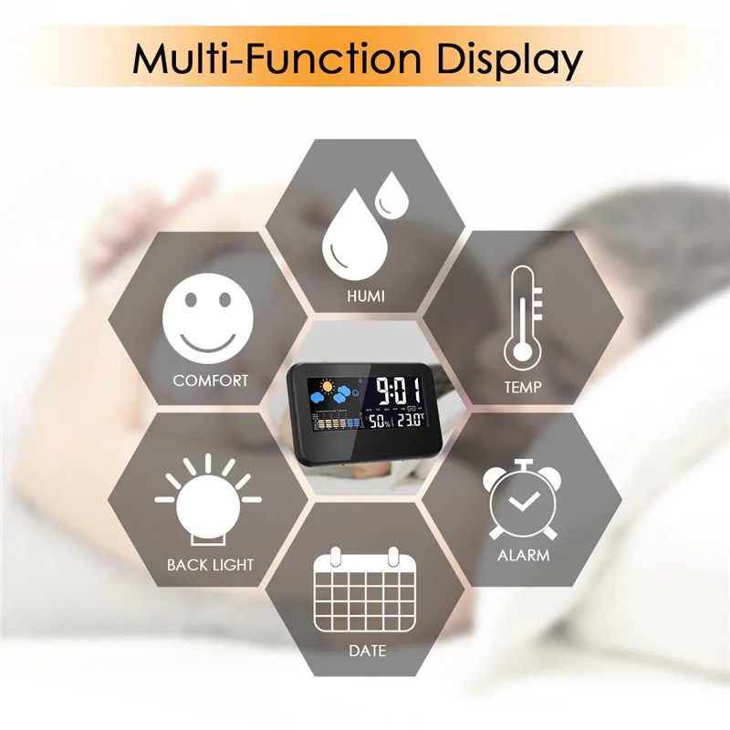 Loskii DC-002 Digital Weather Station Thermometer Hygrometer Alarm Clock with Colorful LED Display Smart Sound Control Calendar Backlight Function