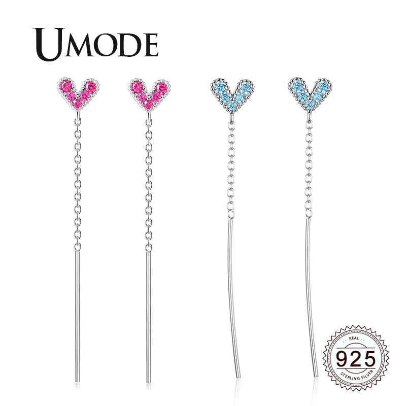 

UMODE 100% Real 925 Sterling Silver Drop Earrings for Women Fashion Tiny Heart Long Chain Dangle Earring Silver Jewelry LE0619