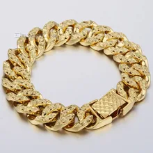 14mm 19.1 cm Para Mujer Para Hombre Brillante Pulsera de Oro Amarillo Lleno Grande Martillado Curb Enlace Pulsera de Regalo de La Joyería Al Por Mayor LGB376