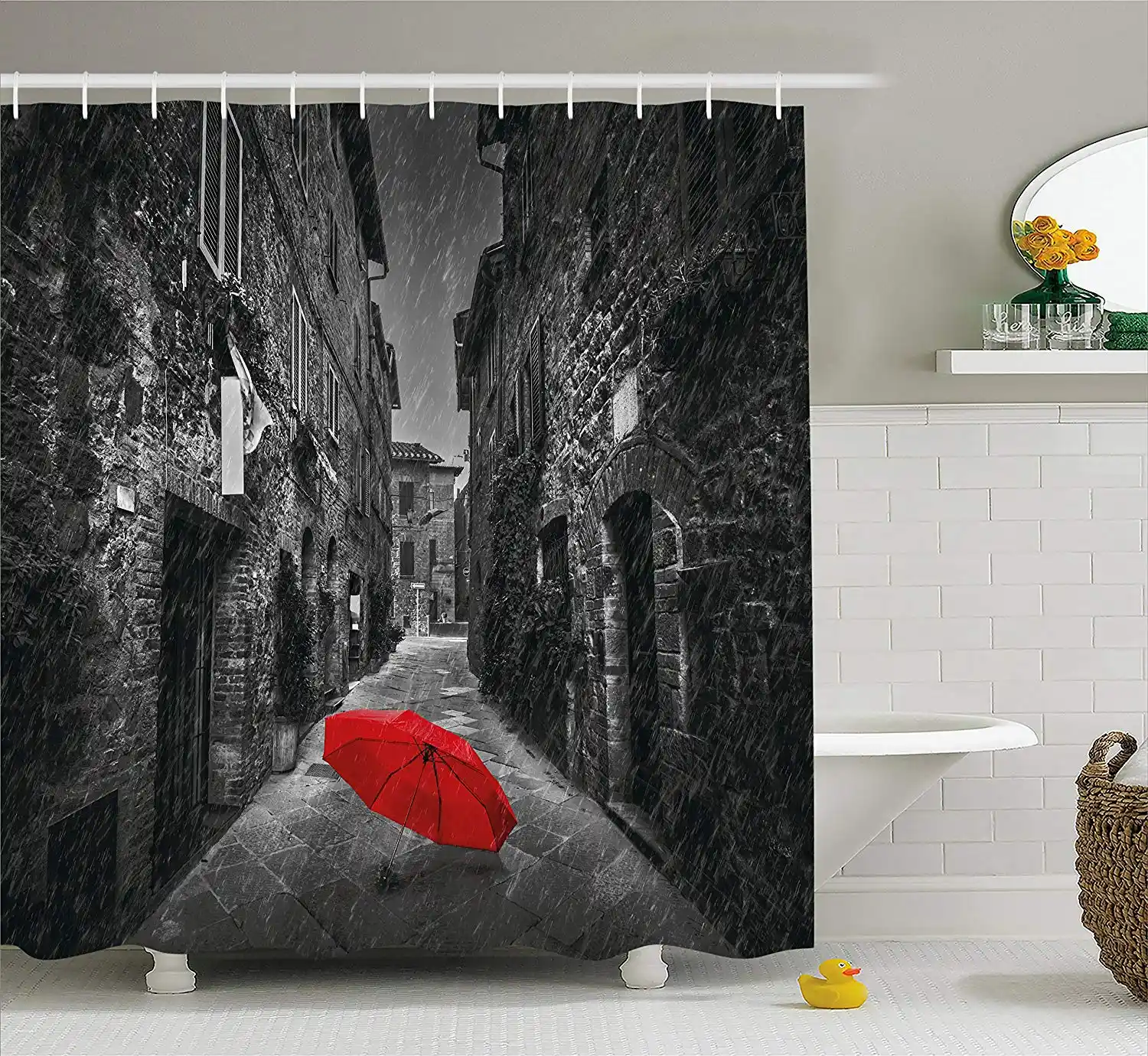 Black And White Shower Curtain Red Umbrella On A Dark Narrow