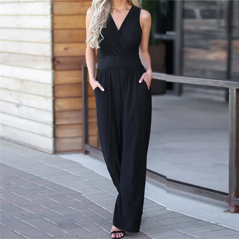 Women Sexy Backless Rompers Casual V-Neck Solid Long Elastic Waist Jumpsuit macacao feminino combinaison R07 (13)