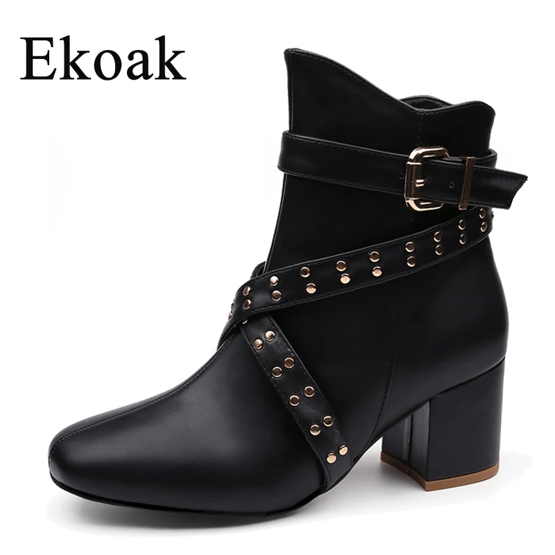 Ekoak New Motorcycle Boots Autumn Winter Leather Ankle Boots For Women Ladies Fashion Rivets