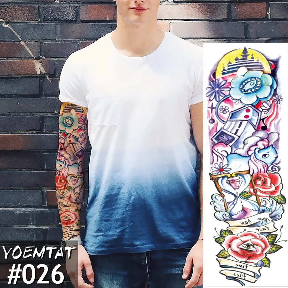 

New 1 Piece Temporary Tattoo Sticker Color hourglass Full Flower Tattoo with Arm Body Art Big Large Fake Tattoo Sticker