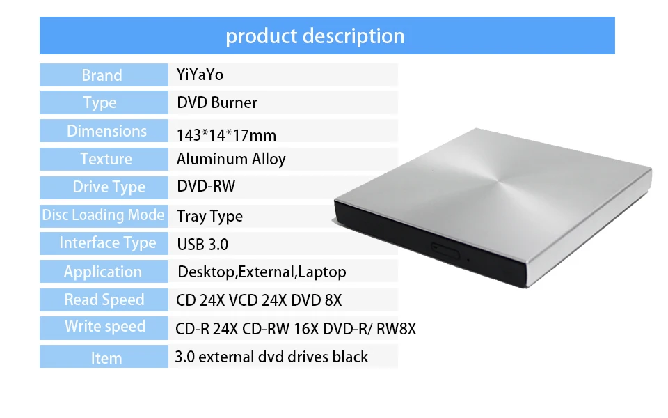 YiYaYo USB 3,0 алюминиевый сплав внешний DVD горелки CD плеер тонкий портативный оптический привод для MacBook ноутбука/Windows ноутбука