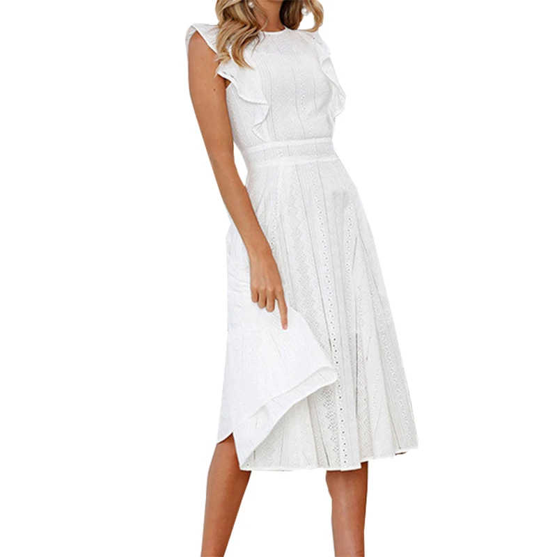 

Fashion Summer A-line Lace White Dress Boho Beach Solid Women Midi Dresses Girl Sweet Ruffles Sleeveless Party Sundress GV413