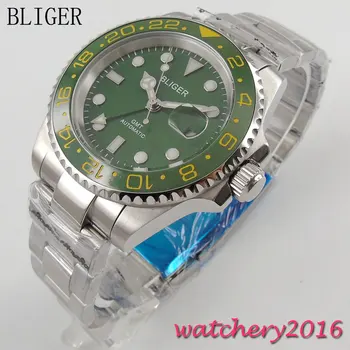 

Dress 40mm Bliger Green Dial Luminous Hands Steel Sapphire Glass Auto Date GMT Automaic Movement Men's Mechanical Wristwatches