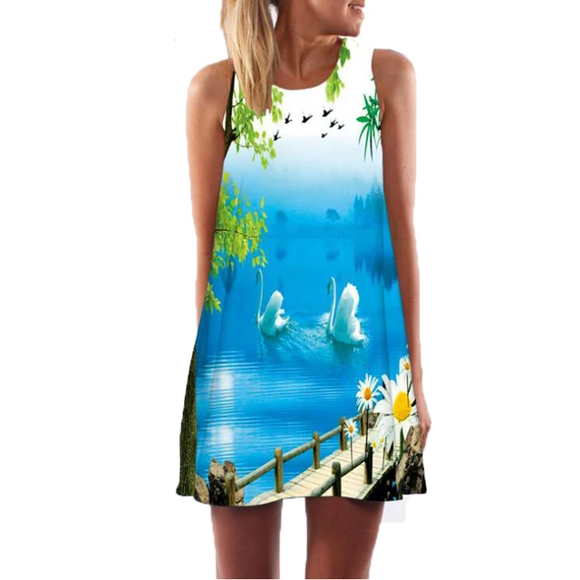 2018 Summer Dress Women Floral Print Chiffon Dress Sleeveless Boho Style Short Beach Dress Sundress Casual Shift Dresses Vestido 1