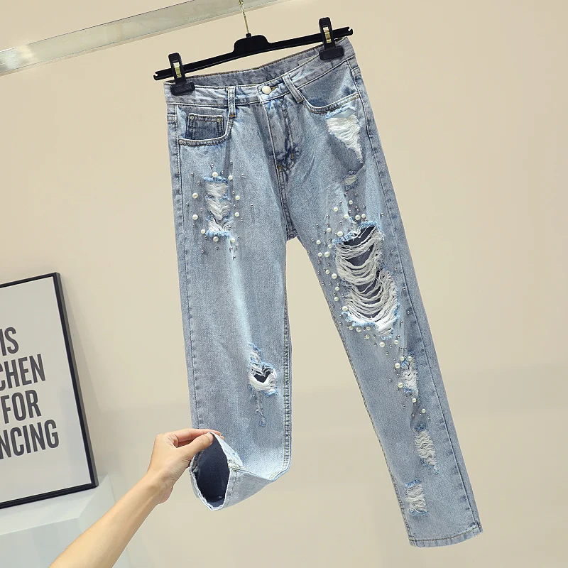 Винтаж Свободные Высокая Талия Короткие штаны женские джинсовые штаны новый модные Украшенные жемчужными бусинами отверстия джинсы для