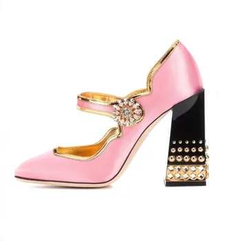 

2018 Shoes Woman Heels Retro Crystal Flower High Pumps Women Thick Heel Shoes Round Toe Rivets Studded Shoes Spring Autumn