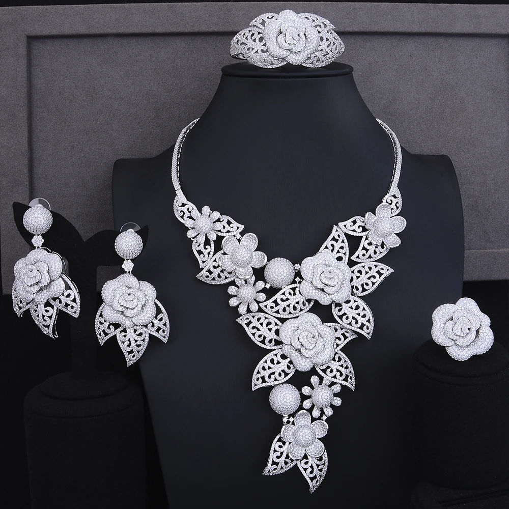 

Trendy Flower Shape Women Nigerian Wedding Jewelry Sets christmas Gift Big Collar Necklace Earrings Bracelet Ring Jewelry Sets
