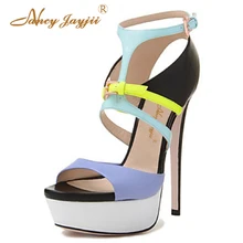 NJ/Новинка; женские летние повседневные босоножки в бразильском стиле с тисненым открытым носком на высоком каблуке 15 см с пряжкой на лодыжке; zapatos mujer; большие размеры 4-16