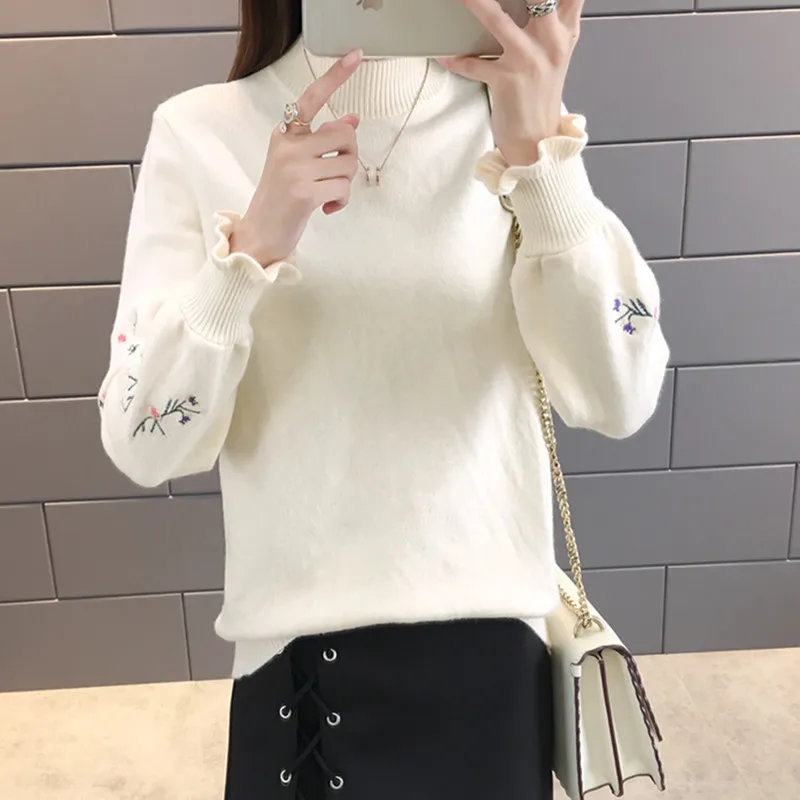 2019 Autumn Winter Korean Half Turtleneck Sweater Jacket Women Sembroidery Long Sleeve Set head All-match knitted Woman | Женская одежда