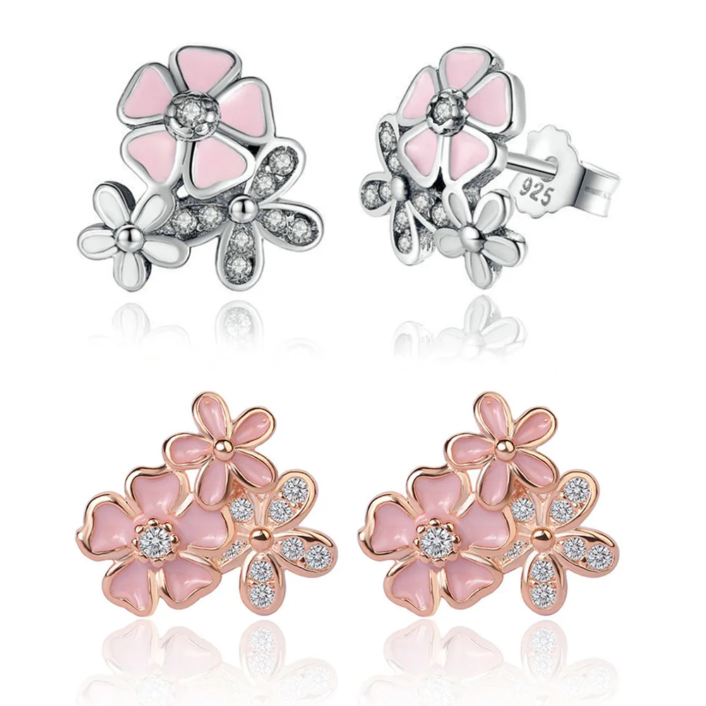 

HOMOD Pink & White Enamel Cherry Blossom Stud Earrings Crystal CZ Poetic Daisy Flower Brand Earrings For Women Jewelry