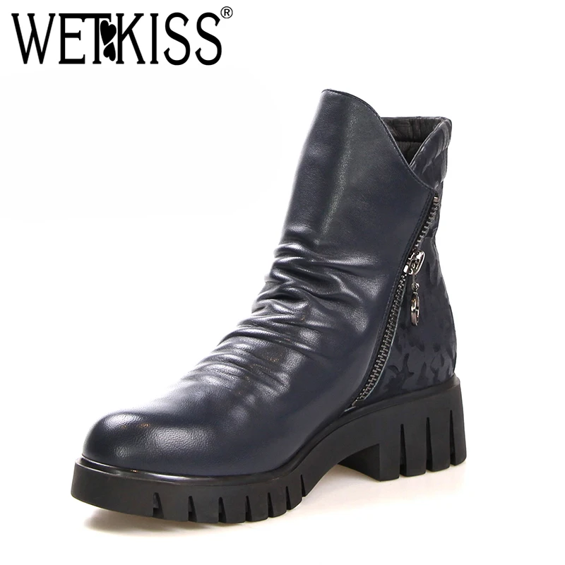 

WETKISS Zipper Thick Heels Footwear Printing Ankle Boots Pleated Women Round Toe Platform Bootie Casual Warm Female Shoes