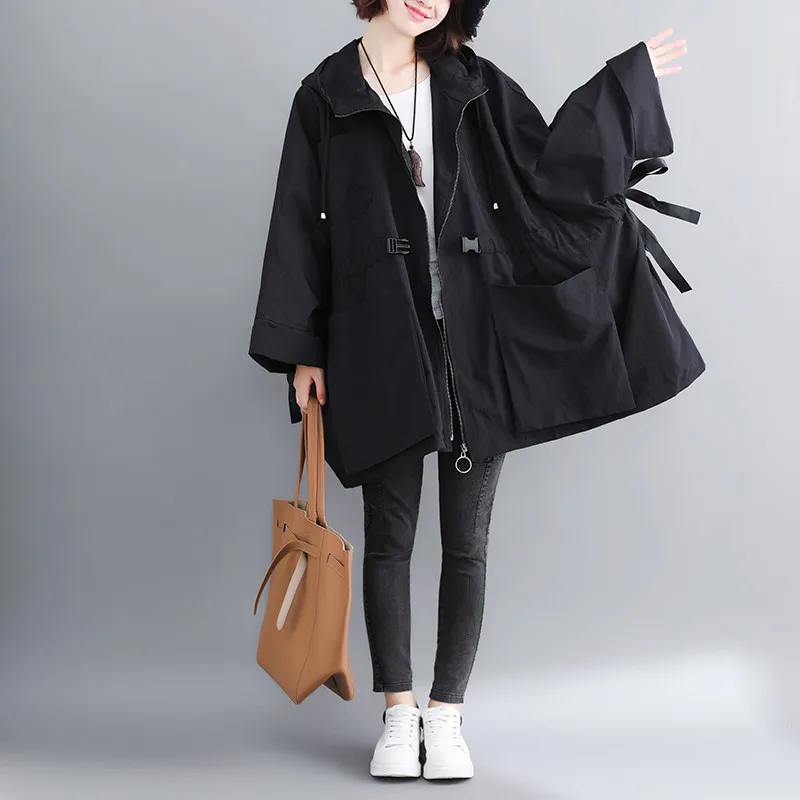 Новинка, женское весенне-осеннее пальто размера плюс, свободная Длинная ветровка с большим карманом и капюшоном, верхняя одежда X301 - Цвет: black