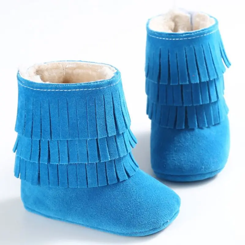 Малышей Сапоги и ботинки для девочек осень-зима Мокасины moccs новорожденных для маленьких девочек обувь с бахромой малыша мягкой подошве противоскользящие Очень Теплые полусапоги - Цвет: Синий