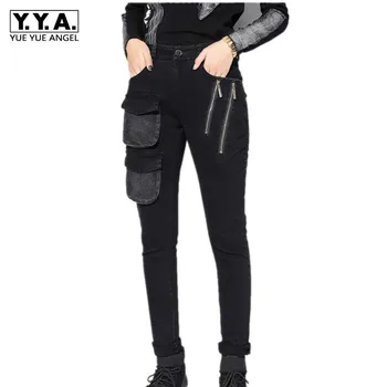 

New Slim Fit Solid Black High Waist Casual Harem Denim Pants Women Pockets Zippers Punck Pants Streetwear Fashion Pants