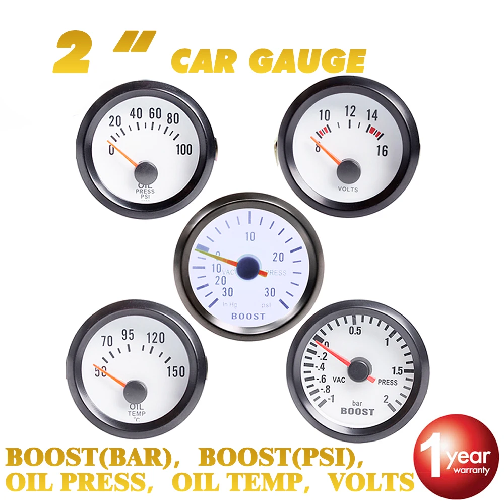 

Dragon Gauge 2" 52mm Bar Turbo Boost Temperature Gauge -1~2 Bar Oil Temp for Auto Blue Light Black Rim 12V