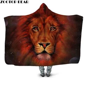 

Orange Lion 3D Printed Plush Hooded Blanket for Adults Children Youth Warm Wearable Fleece Throw Blanket Home Office Washable