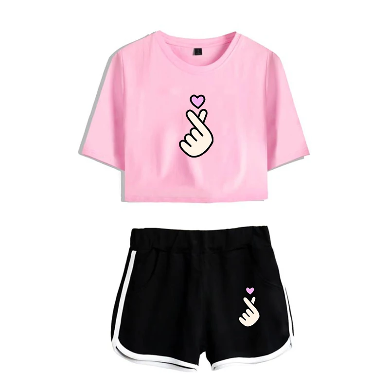 

New Fashion Harajuku Kawaii Tops Heart Finger Two Piece Set Tracksuit Women Set Kpop Women Two Piece Outfits Summer Suit