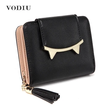 

Women Wallet Female Purse Leather Cute Cat Anime Trifold Card Holder Coin Purses Brand Short Clutch Tassel Black Small Wallets