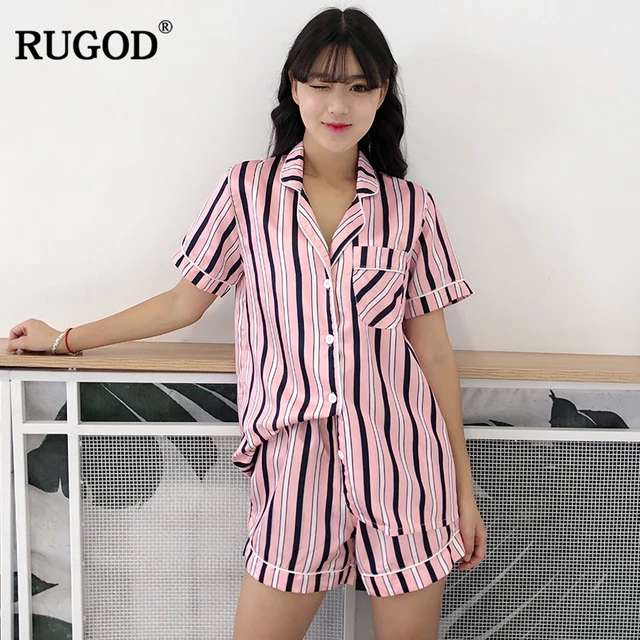Special Price RUGOD 2018 New V-Neck Striped Button Fly Short Sweet and cute comfortable loose summer spring Two-piece suit women pajamas Special Price RUGOD 2018 New V-Neck Striped Button Fly Short Sweet and cute comfortable loose summer spring Two-piece suit women pajamas