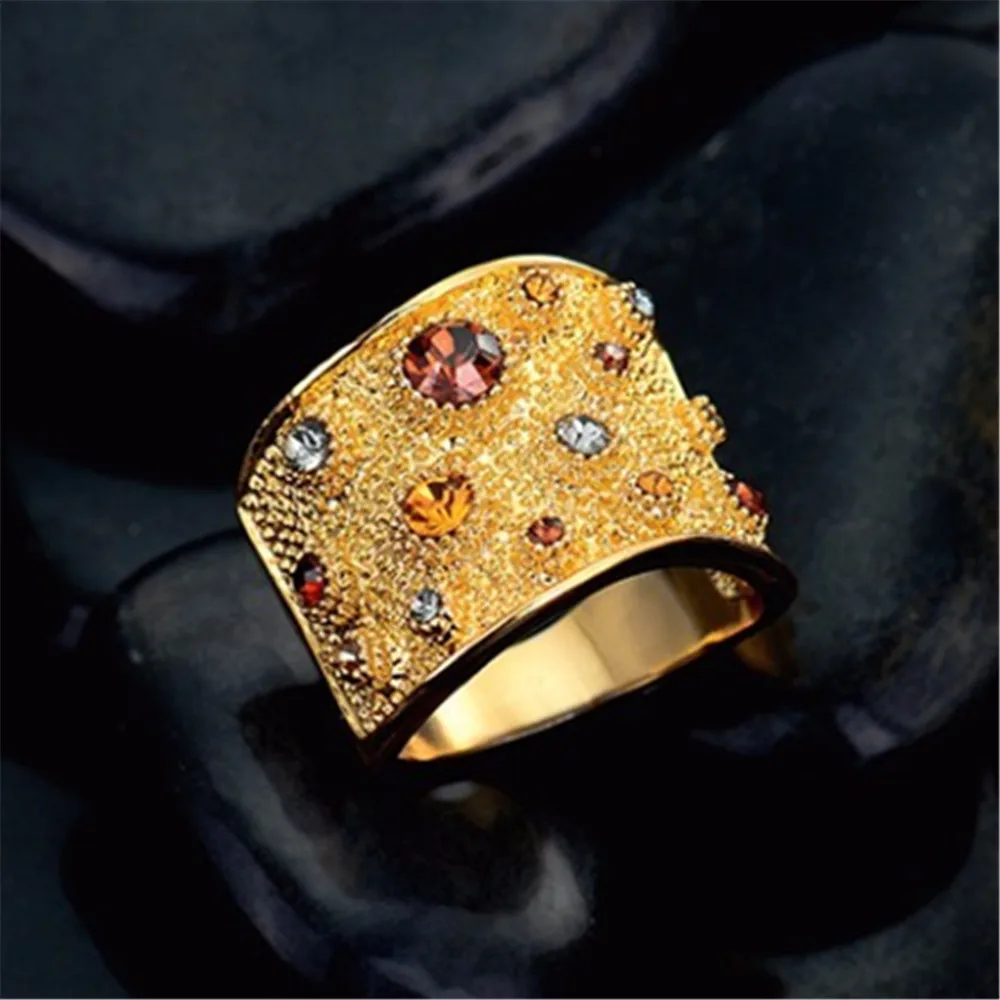 

luxurious Multicoloured Rhinestones Finger Rings Wide For women Gold Color Paved For women wedding ring