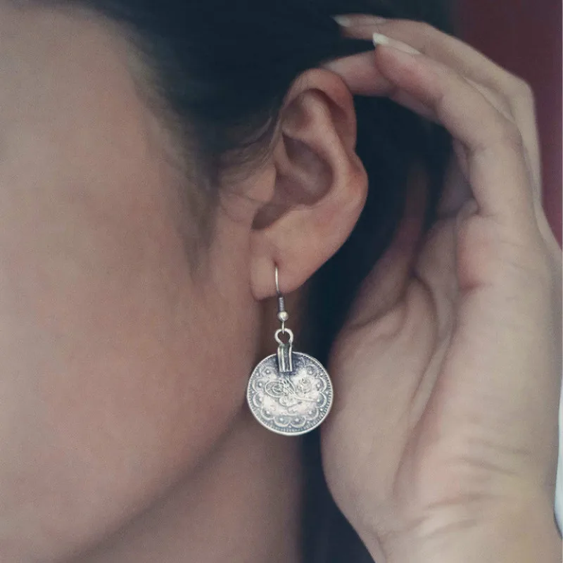 

RONGBIN New Brand Designer Earrings For Women Circle Coin Silver Color Round Coin Bohemia Wedding Bride Fashion Jewelry