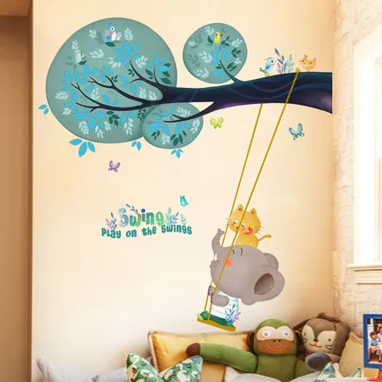 DIY качели слон дети стены мультяшная наклейка животное подарок для ребенка Детская комната наклейки на стены плакат