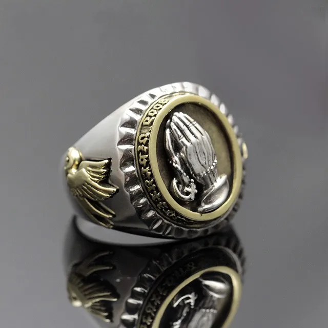 Retro Thai silver jewelry men open ring prayer hand s925 sterling silver personality fashion Retro Thai silver jewelry men open ring prayer hand s925 sterling silver personality fashion