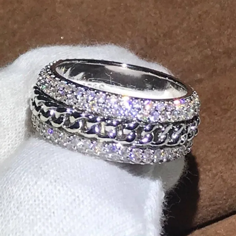4 ряда полный Pave 5A кубического циркония Роскошные ювелирные изделия 925 пробы серебро вращающийся цепи для женщин обручальное кольцо для влюбленных подарок
