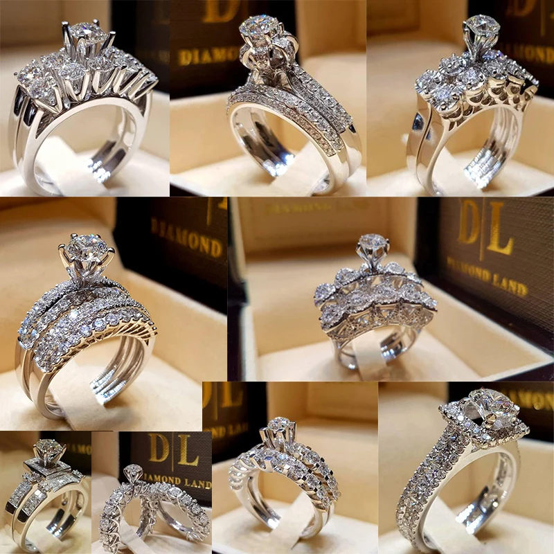 Modyle Elegant Zircon Ring Jewelry Silver Promise CZ Stone Engagement Wedding Ring Set for Women Girls Bridal Jewelry R75