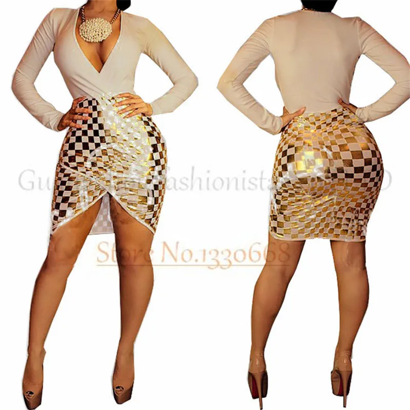 plus size dress women sexy evening deep v neck gold foil plaid party plus size dresses club