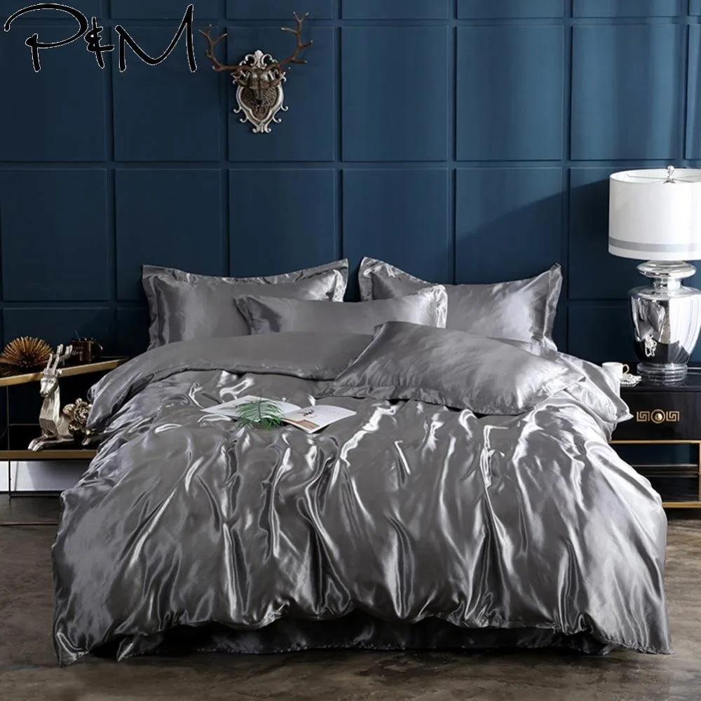 

2019 PAPA&MIMA Solid Silver Grey Bedlinens Satin Silk Feeling Microfiber Bedding Set 3/4pcs Twin Queen King Duvet Cover Set